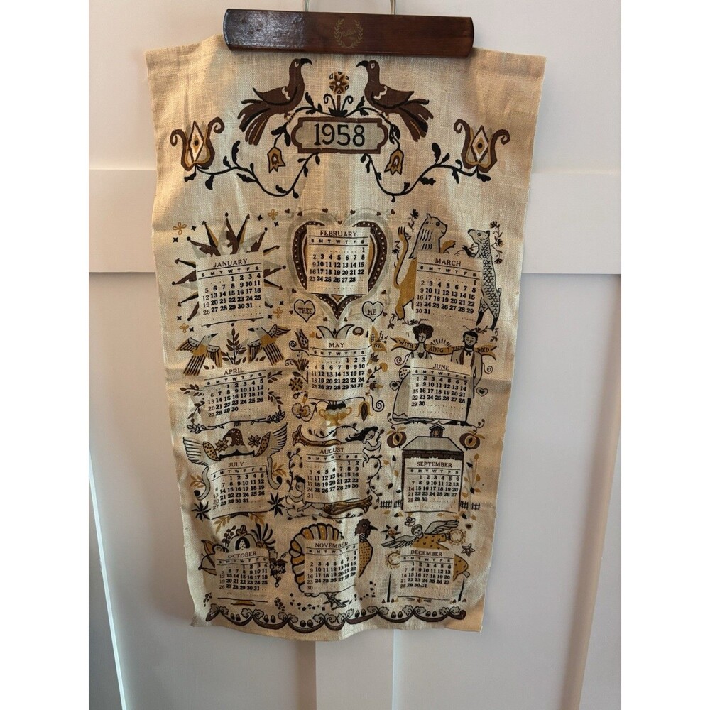 Vintage 1958 Stevens Linen Calendar Towel Pure Linen Folk Art